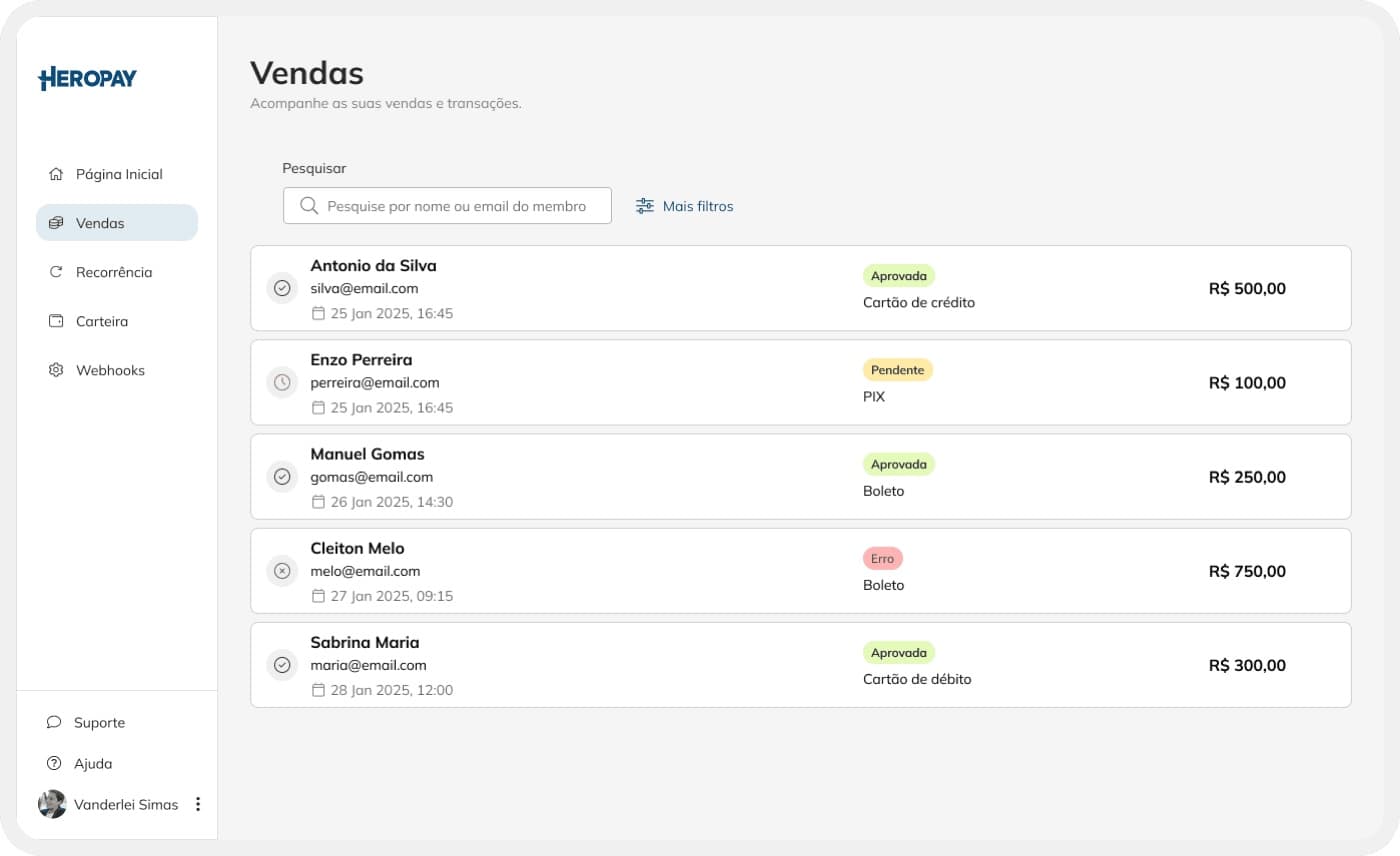 Painel do HeroPay com a lista de vendas em status aprovada, pendente e erro, valores em reais e menu com Vendas, Recorrência, Carteira e Webhooks