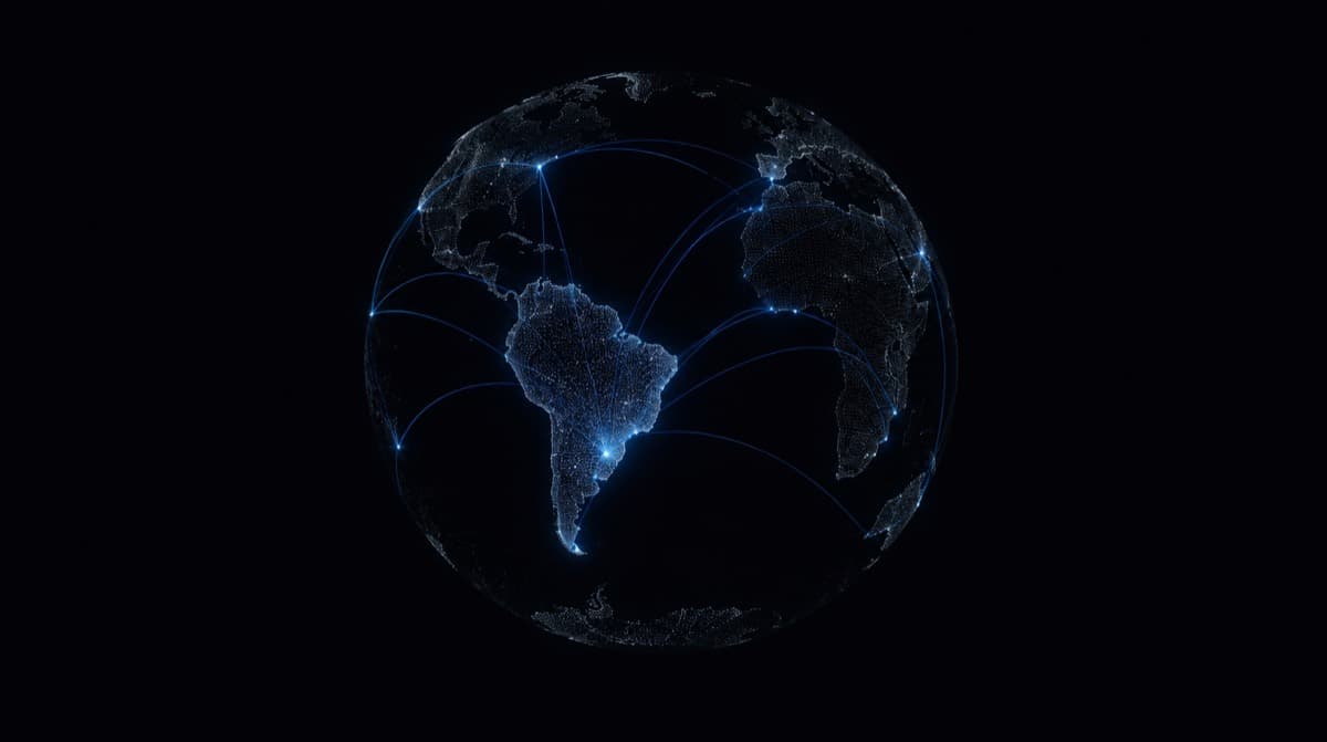 Globo de pontos com arcos de luz ligando o Brasil a outros continentes